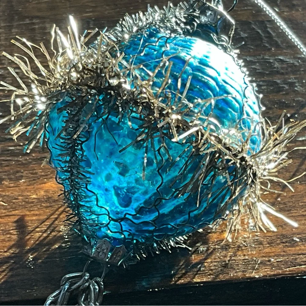 Unique Blue Glass Ornament with Wire Tinsel Beads